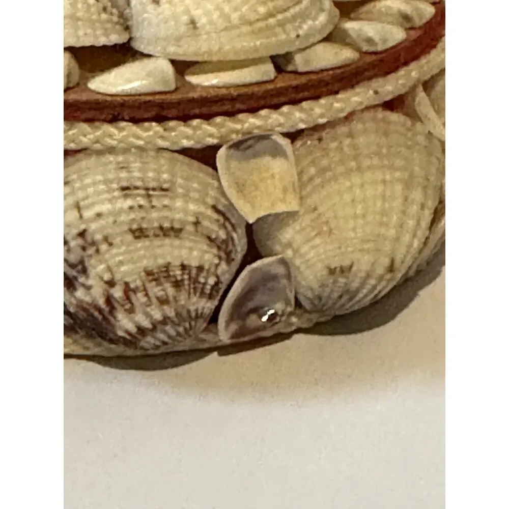 Vintage Seashell Round Trinket Box Red Lined Boho Beach Decore Small Flaws
